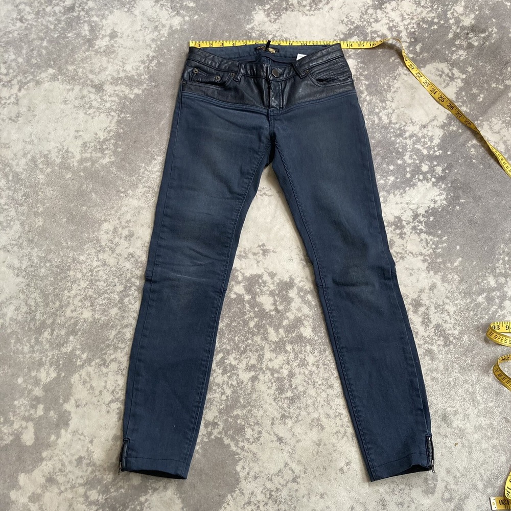 Maje Womens Size 24 Leather Trim Dark Wash Skinny Jeans Ankle Zip Low Rise